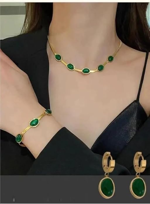 ✨ Oval Green Crystal Pendant Necklace Set With Bracelet ✨